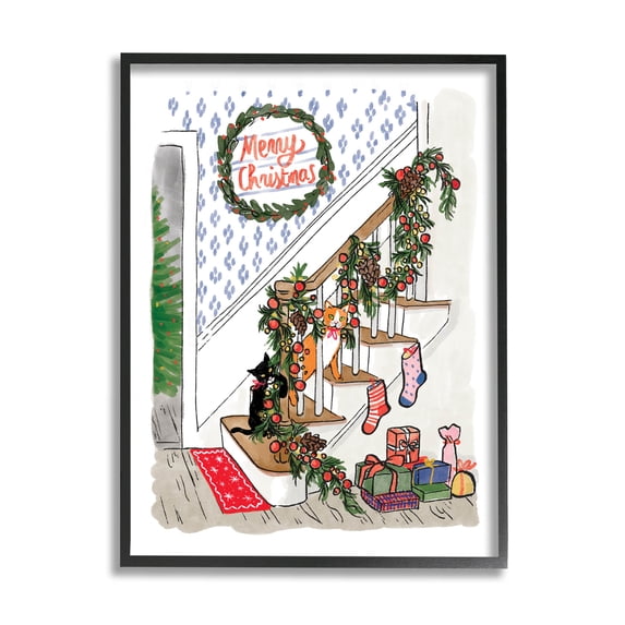 Merry Christmas Holiday Stairway Holiday Graphic Art Black Framed Art Print Wall Art