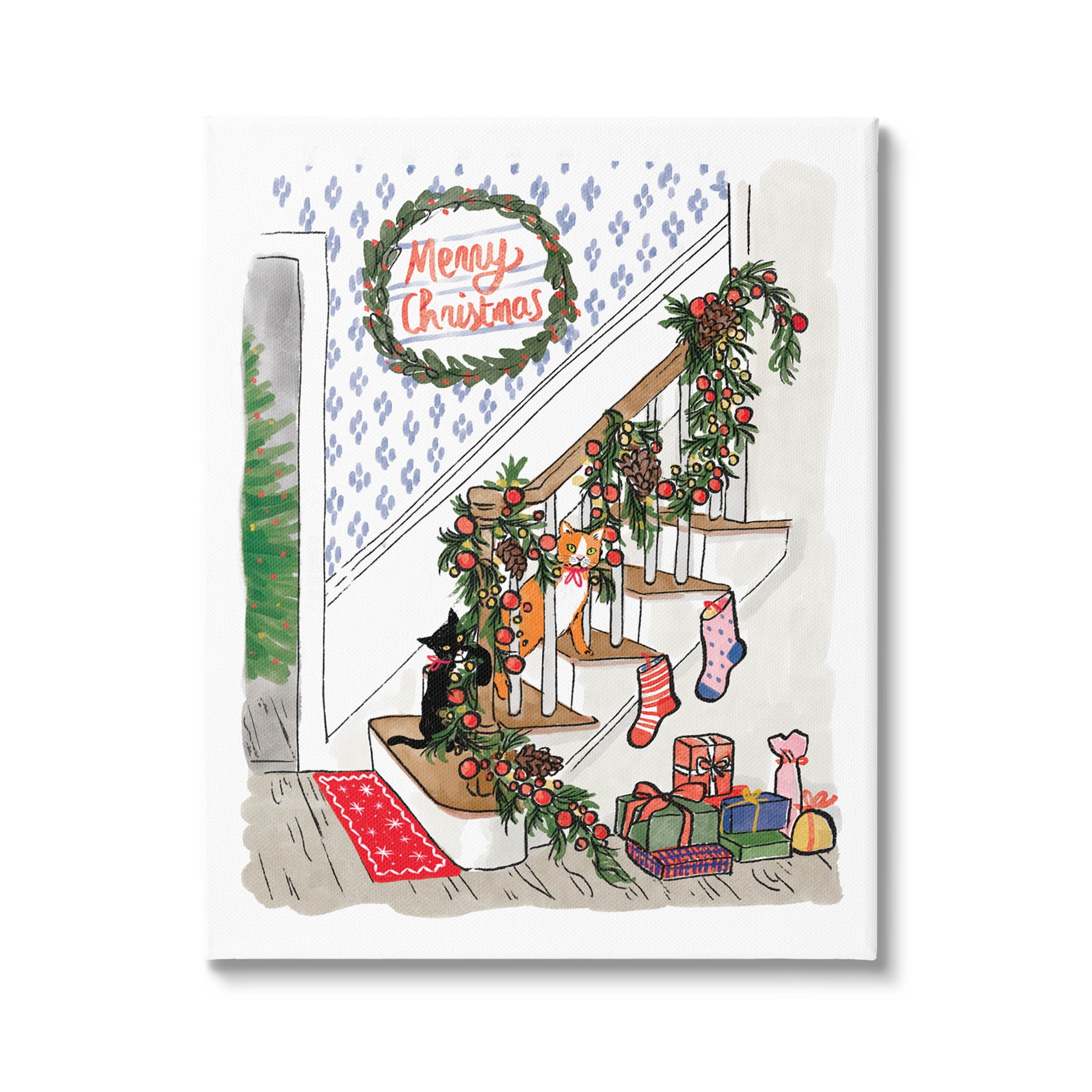 Merry Christmas Holiday Stairway Holiday Graphic Art Gallery Wrapped Canvas Print Wall Art
