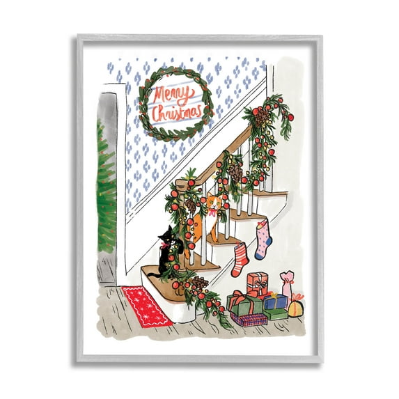 Merry Christmas Holiday Stairway Holiday Graphic Art Gray Framed Art Print Wall Art