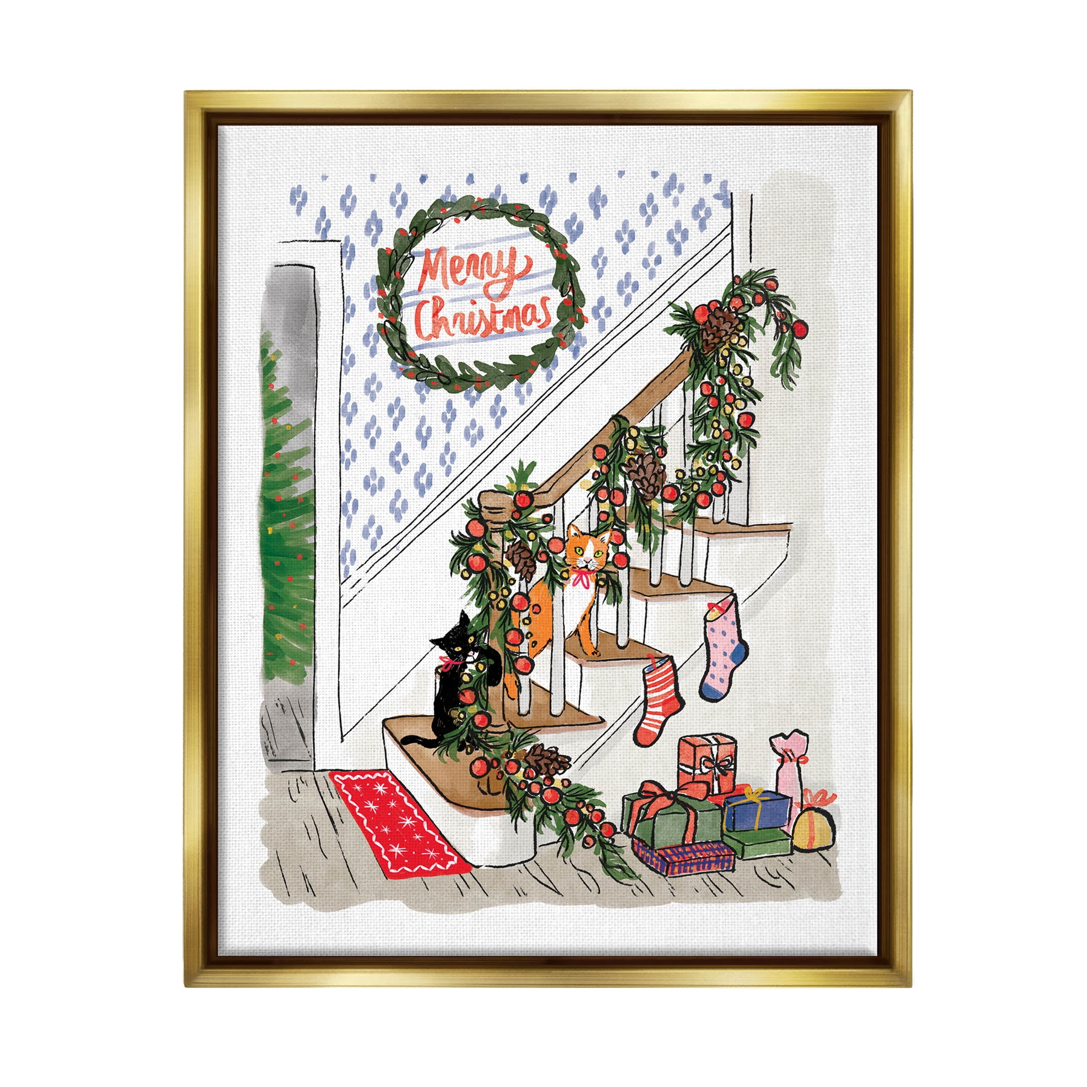 Merry Christmas Holiday Stairway Holiday Graphic Art Metallic Gold Framed Art Print Wall Art