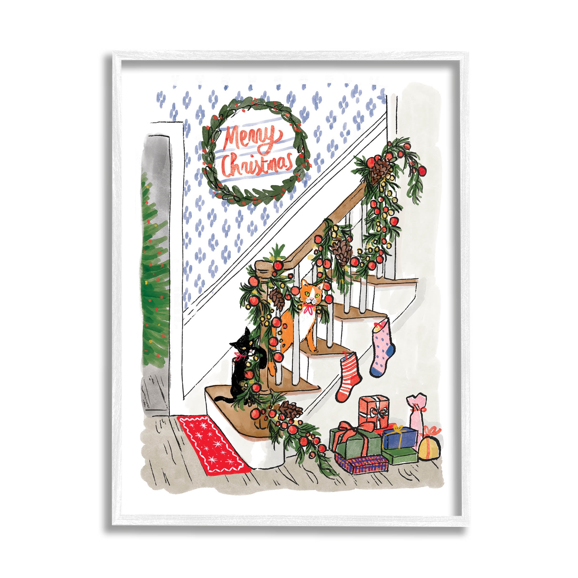 Merry Christmas Holiday Stairway Holiday Graphic Art White Framed Art Print Wall Art