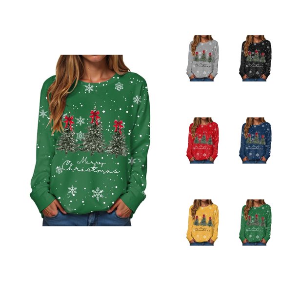 Merry Christmas Holiday Sweatshirts for Women 2025 Long Sleeve Crewneck Christmas Tree Graphic Sweatshirt Pullover Tops