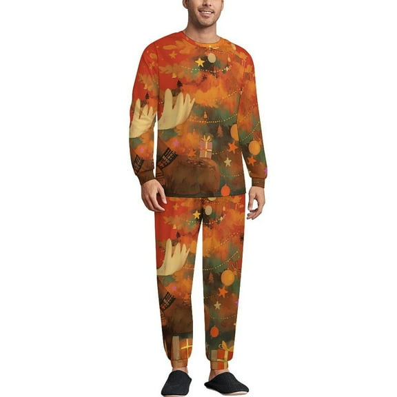 Merry Christmas Holly Decor Men's Pajama Set Sleepwear Pjs Lightweight Long Sleeve Crewneck Shirts and Bottoms Soft Comfy Sleep Sets L