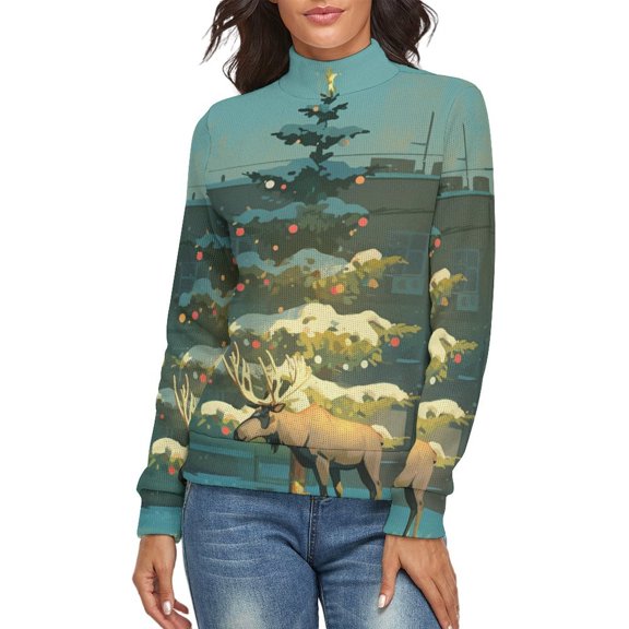 Merry Christmas Holly Decor Women's Turtleneck Sweater Long Sleeve Ribbed Fitted Turtle Neck Casual Fall Winter Collection Top XL