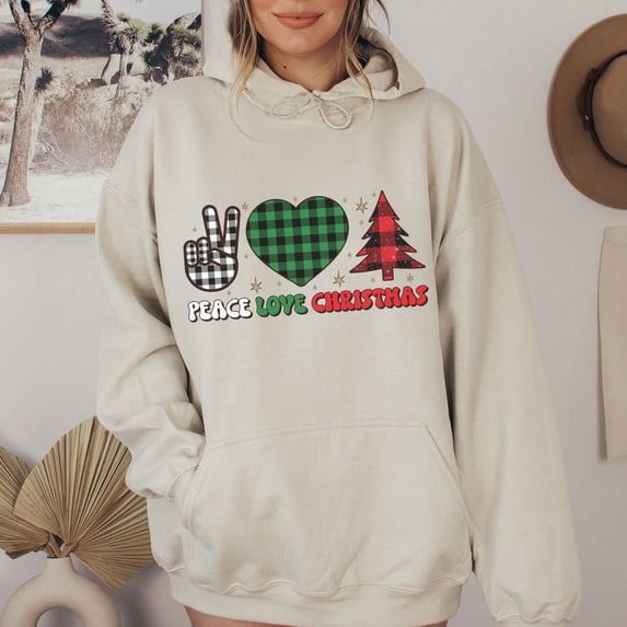 Merry Christmas Hoodie, Christmas Gift, Holly Jolly Holiday Sweater, Christmas Hoodie, Merry Christmas Peace Love Christmas Hoodie For Women (Colors:Dark Heather; Sizes:M;)