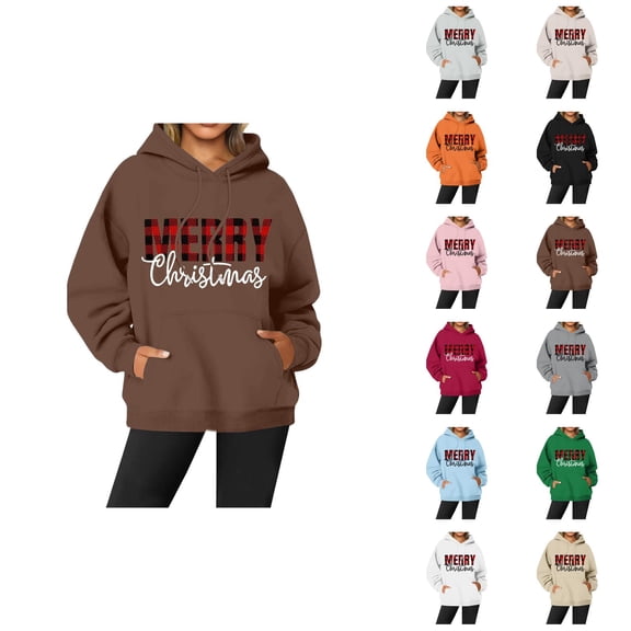 Merry Christmas Hoodies for Women 2025 Fall Winter Long Sleeve Graphic Hooded Sweatshirt with Pockets Pullover Tops