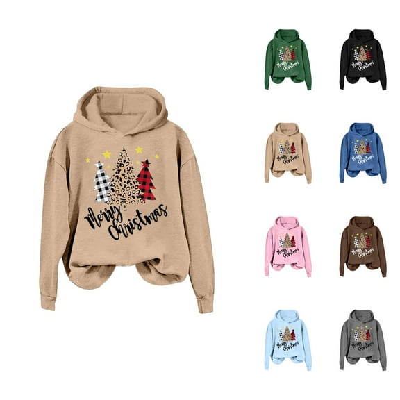 Merry Christmas Hoodies for Women 2025 Long Sleeve Holiday Graphic Hooded Sweatshirt Pullover Tops