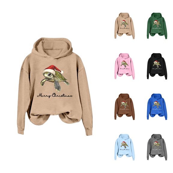 Merry Christmas Hoodies for Women 2025 Long Sleeve Sea Turtle Graphic Hooded Sweatshirt Pullover Tops