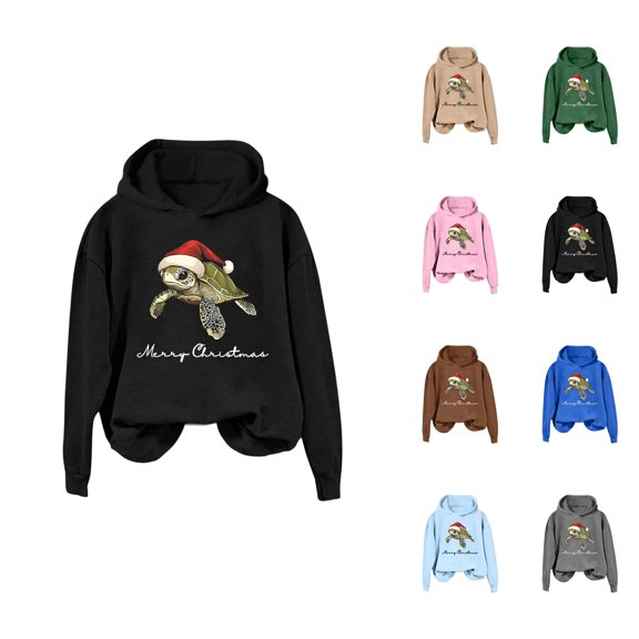 Merry Christmas Hoodies for Women 2025 Long Sleeve Sea Turtle Graphic Hooded Sweatshirt Pullover Tops