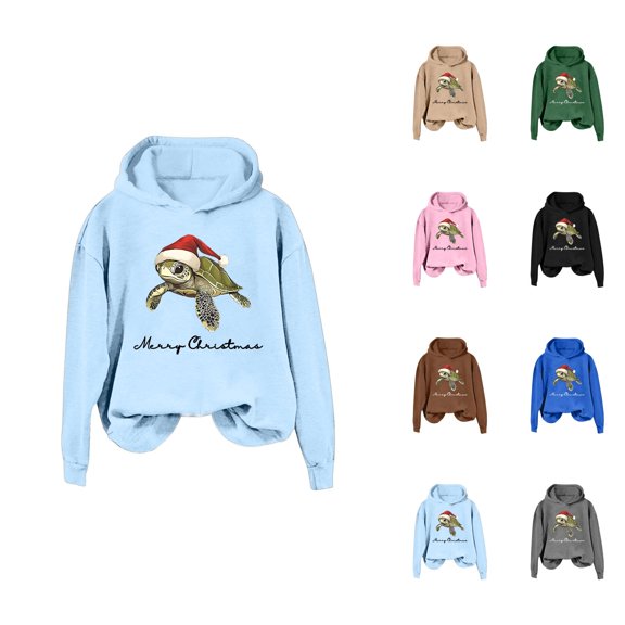 Merry Christmas Hoodies for Women 2025 Long Sleeve Sea Turtle Graphic Hooded Sweatshirt Pullover Tops