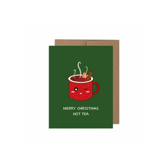 Merry Christmas Hot Tea Card  Adorable Red Mug Design  Envelope Included, Blank Inside  Perfect Holiday Greeting for Friends and Family