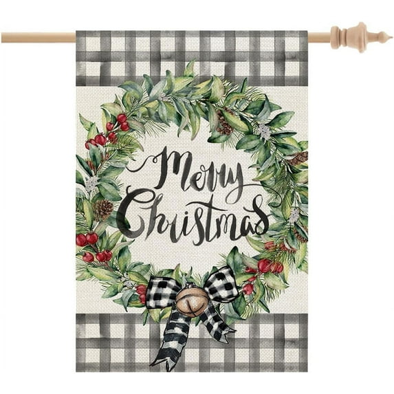 Merry Christmas House Flag 28x40 Inch Double Sided Large Burlap for Outside Welcome Mistletoe Wreath Plaid Holiday Yard Flag CF1106-40