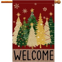 Merry Christmas House Flag, Christmas Trees Flag 28x40 Double Sided Red Outdoor Decorations, Winter Trees Holiday Decor Welcome Burlap House Flag Rustic Outdoor Farmhouse Xmas for Porch