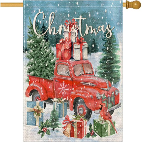 Merry Christmas House Flag Double Sided 28x40 Inch Red Truck Cardinal Birds Xmas Tree Gifts Snow Green Holly Berry Winter Holiday Yard Flag Outdoor Decoration