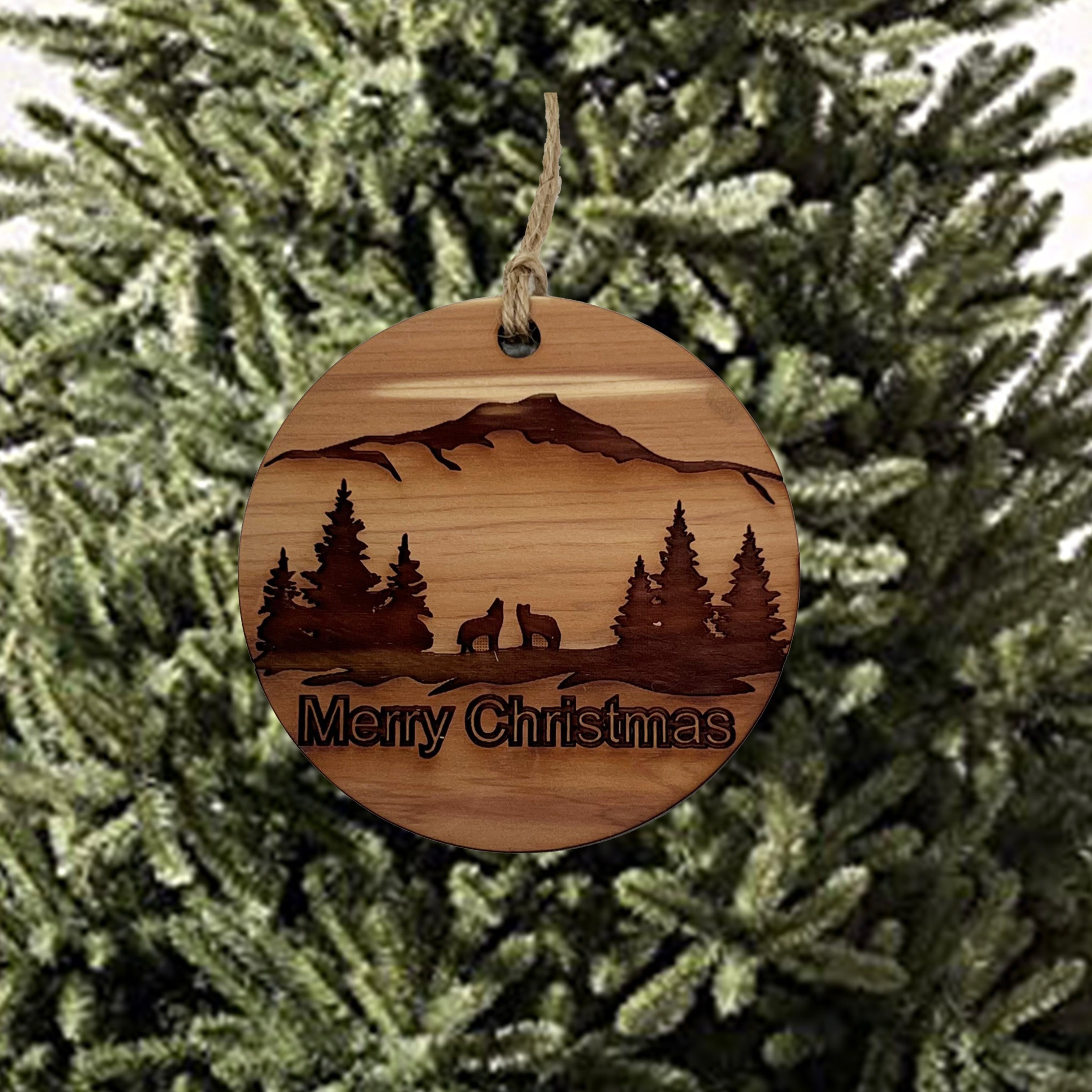 Merry Christmas Howling Wolves - Raw Cedar Ornament 3x3in Merry Christmas Howling Wolves - Raw Cedar Ornament 3x3in