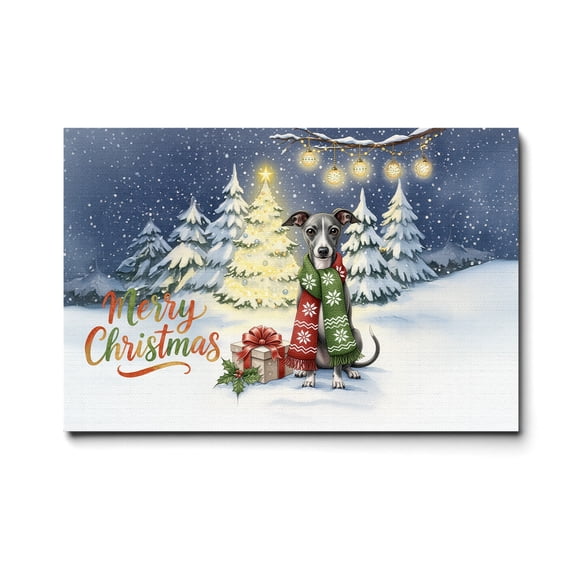 Merry Christmas Italian Greyhound Snowy Winter with Gifts Tree Decorations Horizontal Matte Canvas Poster Greyhound Dog Lover Wall Art Home Decor - 12020