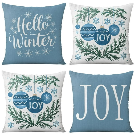 Merry Christmas Joy Hello Winter Throw Pillow Case Square Throw Pillow Case 4 Pack Decorative Pillowcase for Room Home Patio Bedroom Livingroom