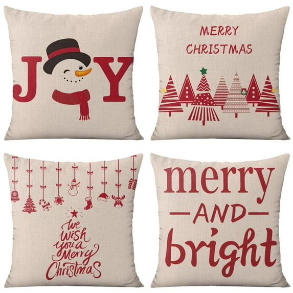 Merry Christmas Joy Snow Christams Trees Pillow Covers Joy Snow Christams Trees Couch Pillow Covers 18 X 18 Set Of 4, Farmhouse Sofa Couch Cushion Case