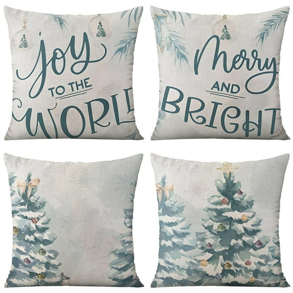 Merry Christmas Joy To the World Xmas Trees Decorative Pillows Joy To the World Xmas Trees Square Pillow Covers 16"x16" Set Of 4, Farmhouse Sofa Couch Cushion Case