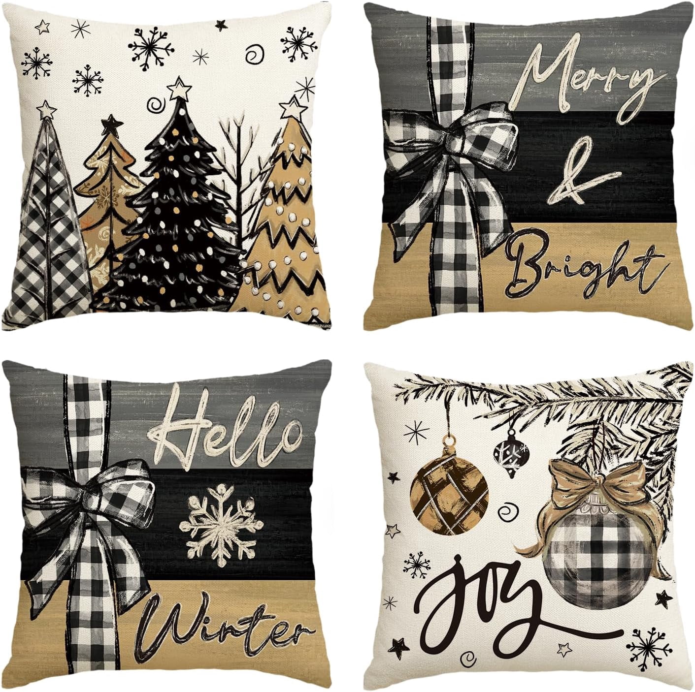 Merry Christmas Joy Xmas Trees Brown Throw Pillow Covers, 18 x 18 Inch Christmas Winter Holiday Cushion Case Decoration for Sofa Couch Set of 4