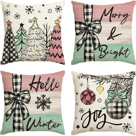 Merry Christmas Joy Xmas Trees Colorful Throw Pillow Covers, 18 x 18 Inch Christmas Winter Holiday Cushion Case Decoration for Sofa Couch Set of 4