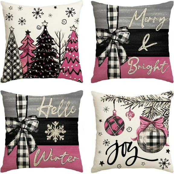 Merry Christmas Joy Xmas Trees Pink Throw Pillow Covers, 18 x 18 Inch Christmas Winter Holiday Cushion Case Decoration for Sofa Couch Set of 4