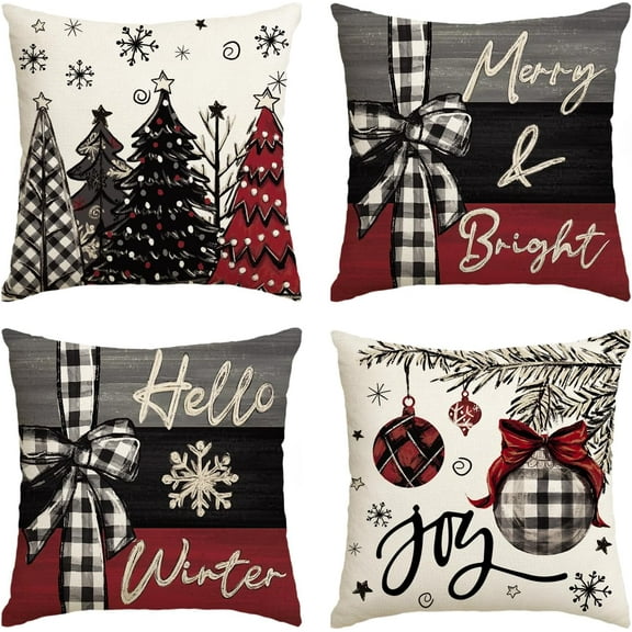 Merry Christmas Joy Xmas Trees Red Throw Pillow Covers, 18 x 18 Inch Christmas Winter Holiday Cushion Case Decoration for Sofa Couch Set of 4