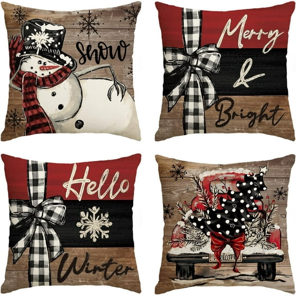 Merry Christmas Joy Xmas Trees Red Throw Pillow Covers, 18 x 18 Inch Christmas Winter Holiday Cushion Case Decoration for Sofa Couch Set of 4