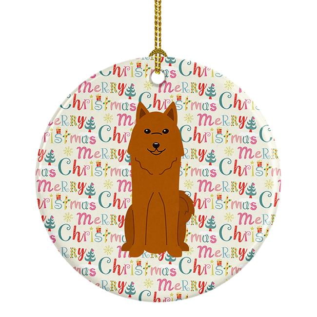 Merry Christmas Karelian Bear Dog Ceramic Ornament 2.8 in x 2.8 in