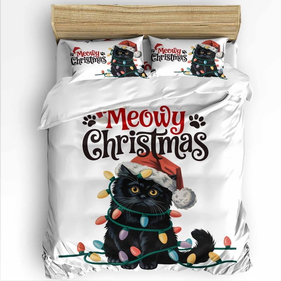 Merry Christmas King Size Comforter Set, Black Cat with Red Hat Color Light Xmas Soft Bedding for All Seasons, 4 Pcs Bed Set with 1Comforter (90"x106") ,1 Sheet(94"x116"), 2 Pillowcases (19"x35")