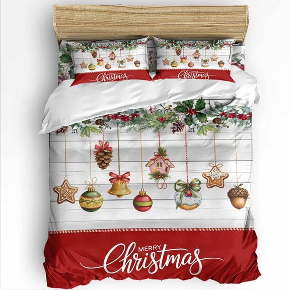 Merry Christmas King Size Comforter Set, Falling Bell Ball Pine Cone Berry Wood Grain Bedding for All Seasons, 4 Pcs Bed Set with 1Comforter (90"x106") ,1 Sheet(94"x116"), 2 Pillowcases (19"x35")