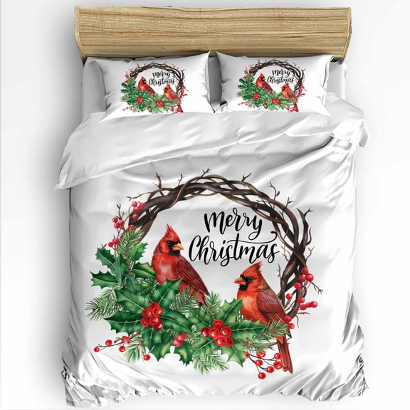 Merry Christmas King Size Comforter Set, Red Bird Berry Green Leaf Xmas Winter Soft Bedding for All Seasons, 4 Pcs Bed Set with 1Comforter (90"x106") ,1 Sheet(94"x116"), 2 Pillowcases (19"x35")
