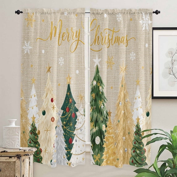 Merry Christmas Kitchen Curtain for Berdoom Living Room Cafe 72 Inch Length, Xmas Pine Trees Snowflake Balls Winter Beige Tiers Curtains Light Filtering Drapes Window Treatment 2 Panels 52"Wx72"L