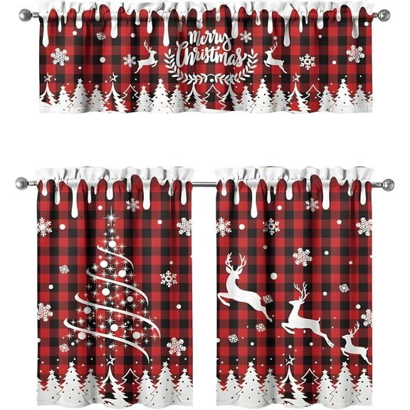 Merry Christmas Kitchen Curtains 3 Piece Set,Snowman and Christmas Car Kitchen Curtains Set for Windows Decor 36inch Length. Suitable for Home Farmhouse Decor, As a Gift for Christmas Holiday.