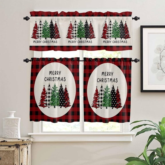 Merry Christmas Kitchen Curtains Tiers and Valances Set, Trees Xmas Tree Winter Red Black Buffalo Check Plaid Rod Pocket Valance Short Window Treatment Decor Curtains, 27.5"x24", 3 Pieces Set