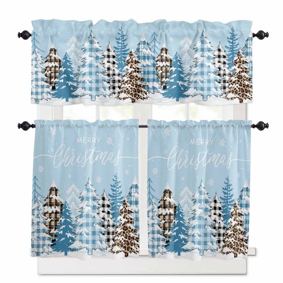 Merry Christmas Kitchen Curtains and Valances Set, Blue Plaid Leopard Xmas Tree Winter Snowflake Rod Pocket Window Valance Window Curtain Panels for Living Room Bedroom Laundry, 27.5x24in, 3 Pieces