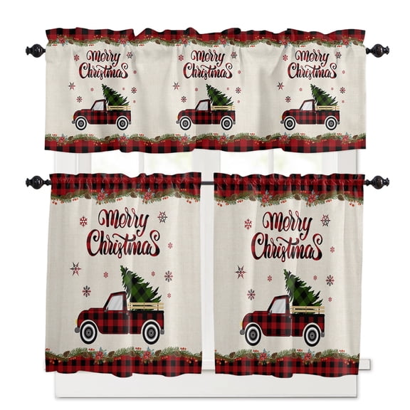 Merry Christmas Kitchen Curtains and Valances Set, Buffalo Check Plaid Truck Tree Xmas Snowflake Rod Pocket Window Valance Window Curtain Panels for Living Room Bedroom Laundry, 27.5x36in, 3 Pieces