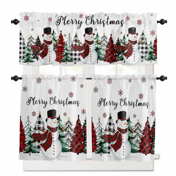 Merry Christmas Kitchen Curtains and Valances Set, Christmas Snowman Snowflakes Tree Red Plaids Rod Pocket Window Valance Window Curtain Panels for Living Room Bedroom Laundry, 27.5x24in, 3 Pieces