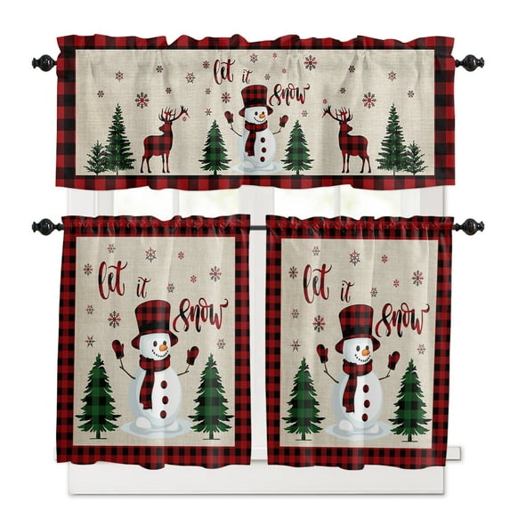 Merry Christmas Kitchen Curtains and Valances Set, Cute Snowman with Xmas Tree Rod Pocket Window Valance 18 Inch Window Curtain Panels for Living Room Bedroom Laundry, 27.5x24in, 3 Pieces