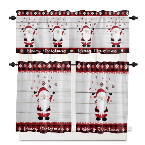 Merry Christmas Kitchen Curtains and Valances Set, Gnome and Snowflake Red and Black Buffalo Plaid Wood Rod Pocket Window Valance Window Curtain Panels for Living Room Bedroom, 27.5x24in, 3 Pieces