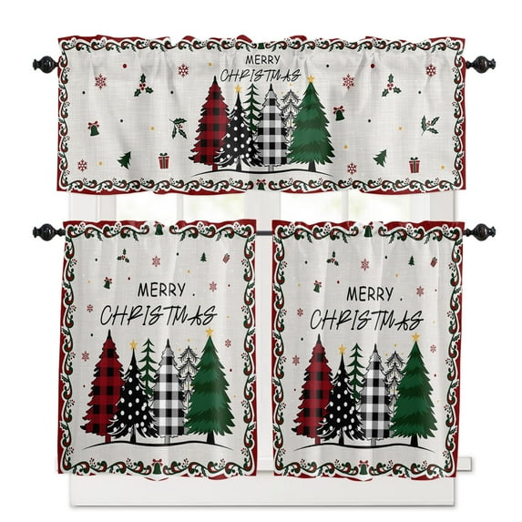 Merry Christmas Kitchen Curtains and Valances Set, Green Black Xmas Tree Red Floral Border Rod Pocket Window Valance 18 Inch Window Curtain Panels for Living Room Bedroom Laundry, 27.5x36in, 3 Pieces