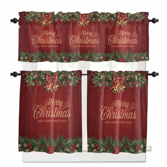 Merry Christmas Kitchen Curtains and Valances Set, Modern Ball Pine Branch Ribbon Rod Pocket Window Valance 18 Inch Window Curtain Panels for Living Room Bedroom Laundry, 27.5x24in, 3 Pieces