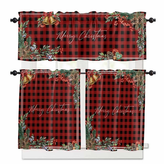 Merry Christmas Kitchen Curtains and Valances Set, Pine Cone Berry Xmas Bell Leaf Red Plaid Rod Pocket Window Valance Window Curtain Panels for Living Room Bedroom Laundry, 27.5x36in, 3 Pieces