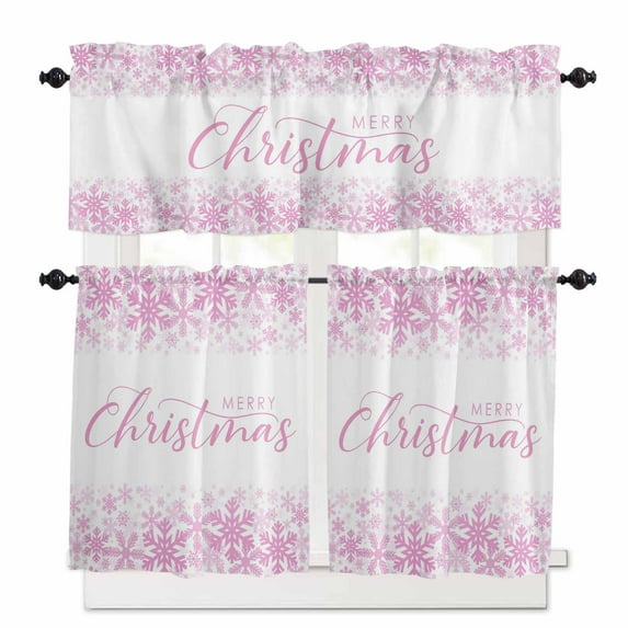 Merry Christmas Kitchen Curtains and Valances Set, Pink Winter Snowflakes Retro Rod Pocket Window Valance 18 Inch Window Curtain Panels for Living Room Bedroom Laundry, 27.5x36in, 3 Pieces