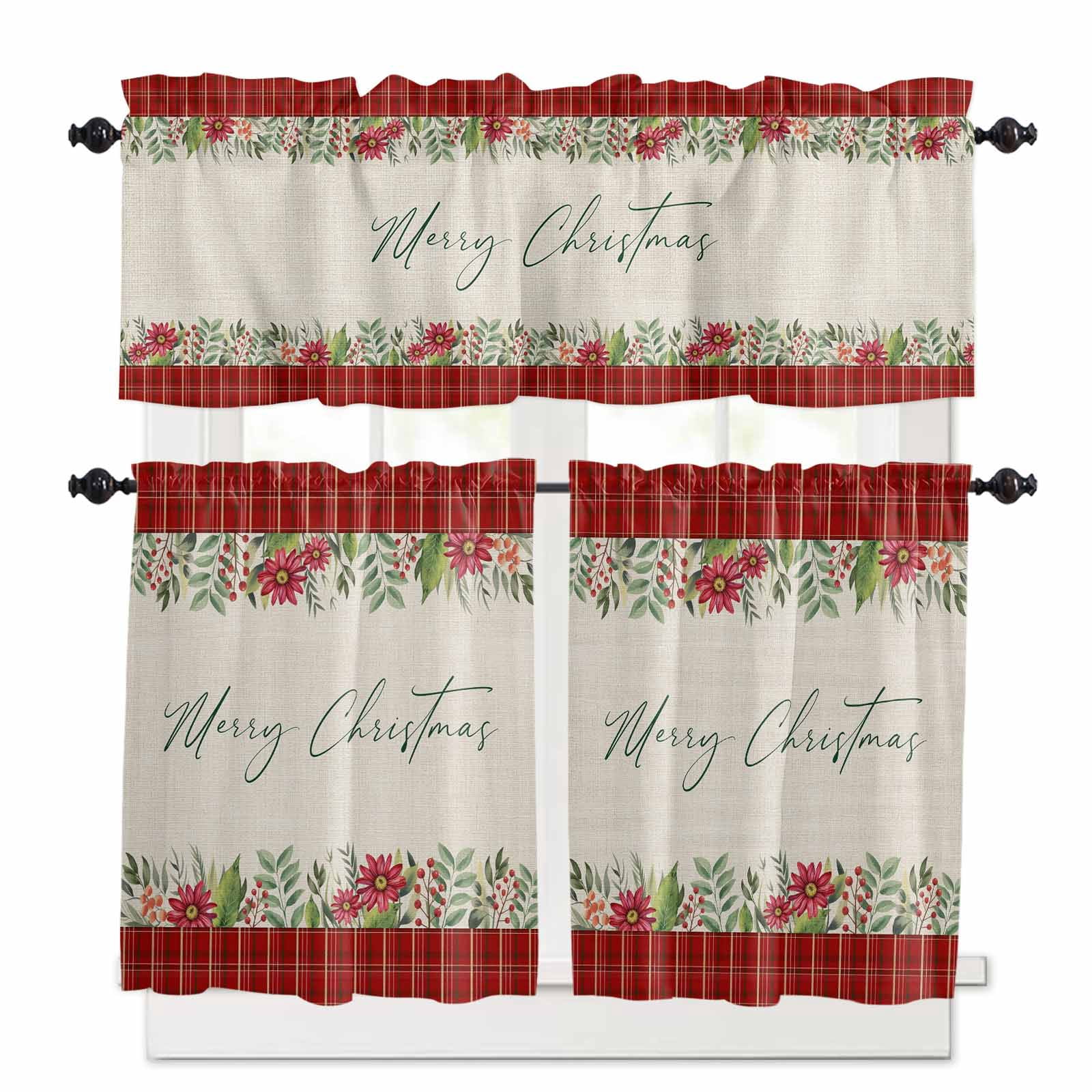 Tayney Christmas Kitchen Curtains Set - Buffalo Plaid Berry Floral, 36 Inch, 3-Piece Tier & Valance