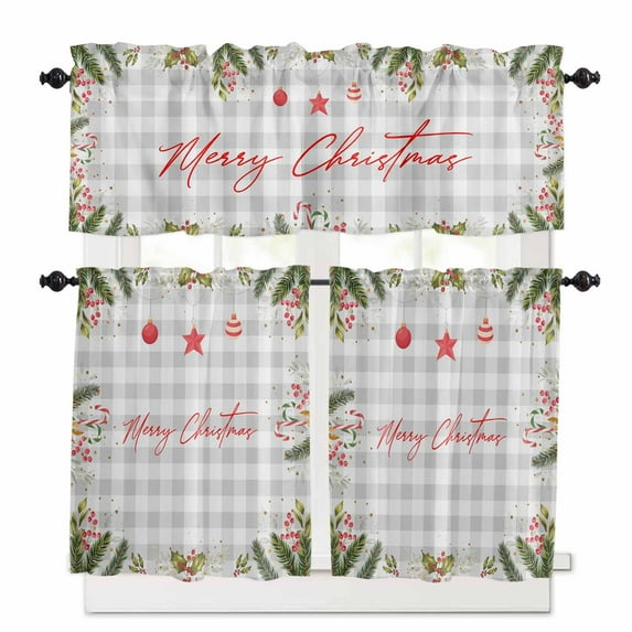 Merry Christmas Kitchen Curtains and Valances Set, Red Star Ball Evergreen Bough Berry Gray Plaid Rod Pocket Window Valance Window Curtain Panels for Living Room Bedroom Laundry, 27.5x36in, 3 Pieces