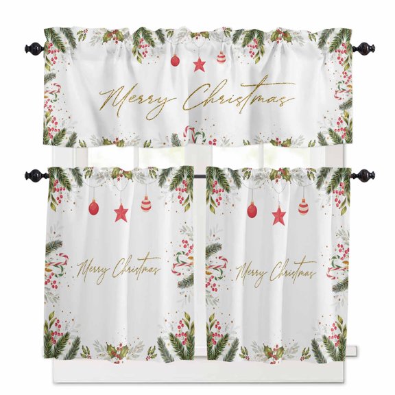 Merry Christmas Kitchen Curtains and Valances Set, Red Star Ball Evergreen Bough Berry Rod Pocket Window Valance 18 Inch Window Curtain Panels for Living Room Bedroom Laundry, 27.5x24in, 3 Pieces