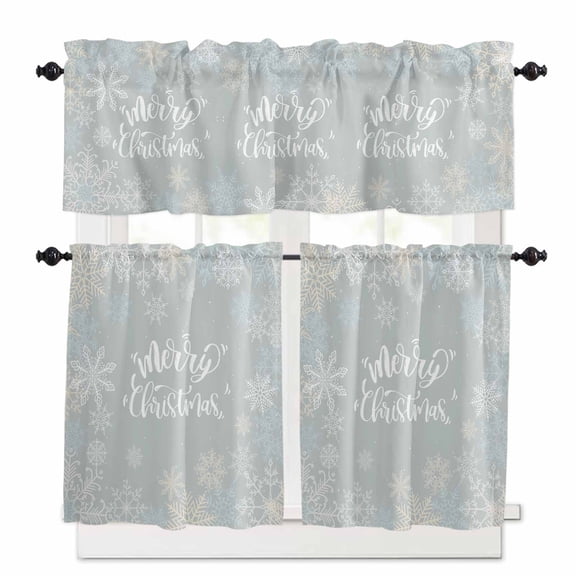 Merry Christmas Kitchen Curtains and Valances Set, Snow Texture Grey Background Design Rod Pocket Window Valance 18 Inch Window Curtain Panels for Living Room Bedroom Laundry, 27.5x24in, 3 Pieces