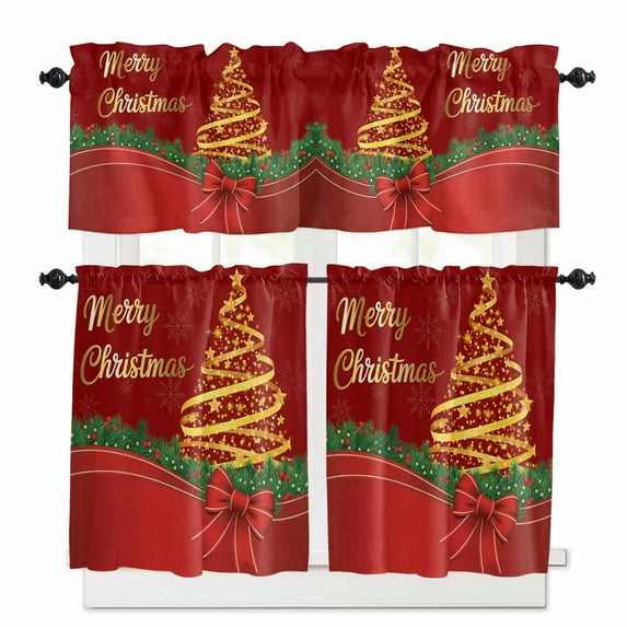 Merry Christmas Kitchen Curtains Valances and Tiers Set of 3 Gold ...