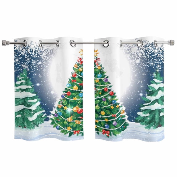 Merry Christmas Kitchen Curtains Window Panels, Xmas Pine Trees Snowflakes Moon Winter Blue Insulated Window Treatment Curtain, Grommet Curtains for Bedroom/Living Room/Bathroom, 2 Piece 27.5"Wx39"L